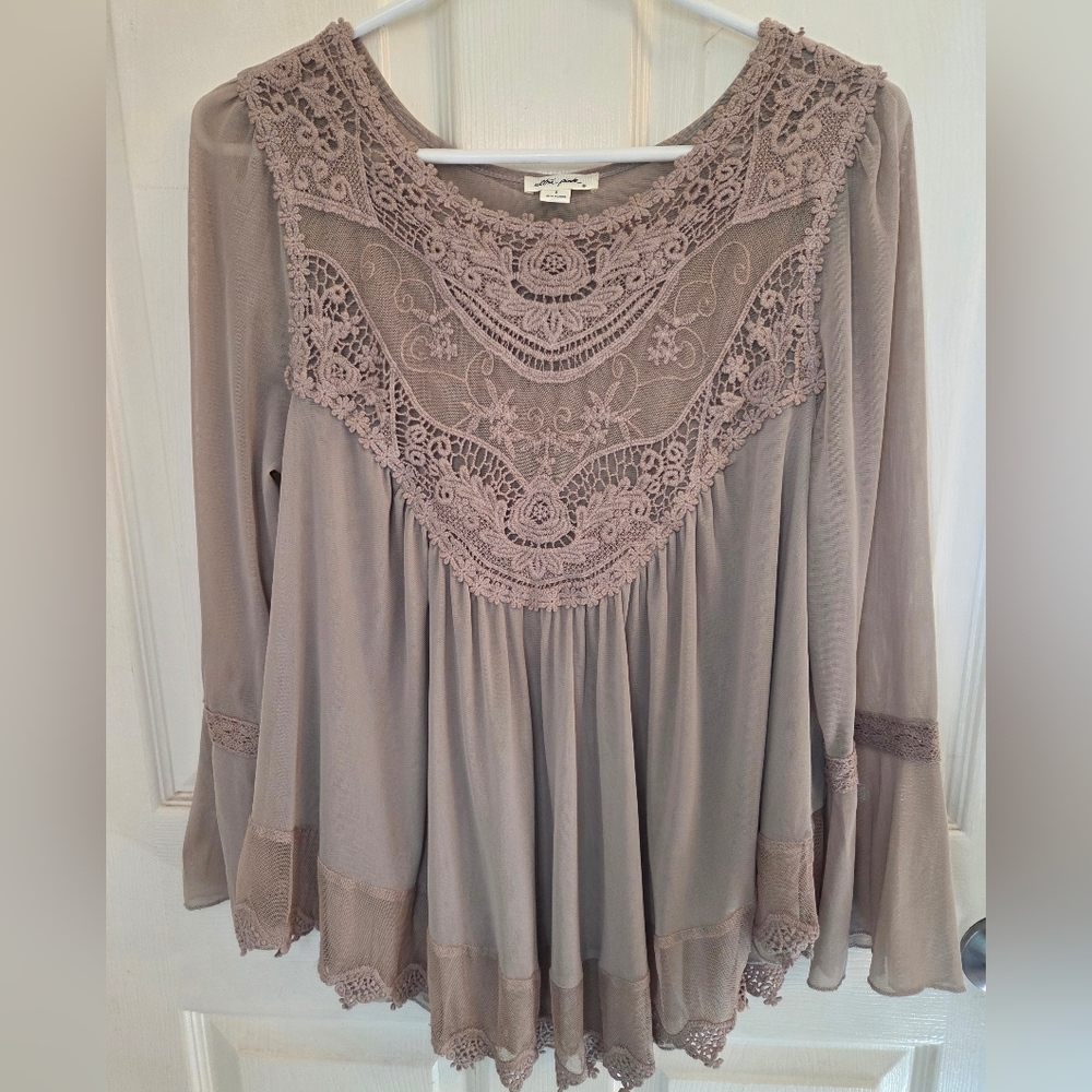 Ultra Pink Bell Sleeve Crochet Lace Trim Blouse Babydoll - Taupe